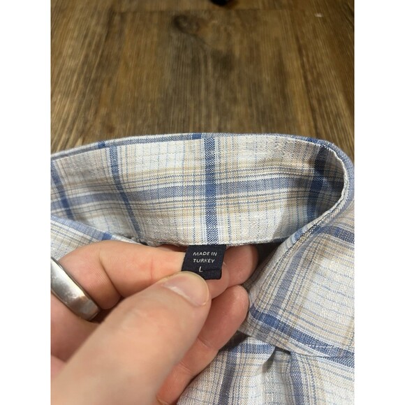 CALDER Carmel Mens Shirt L Blue/Gray Plaid 100% Linen Limited Edition 1/70 - Picture 7 of 11